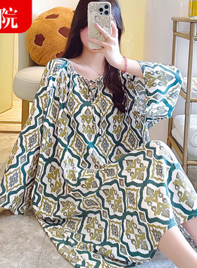 夏季女士薄款长袖棉绸睡裙宽松大码人造棉家居服绵绸睡衣连衣长裙