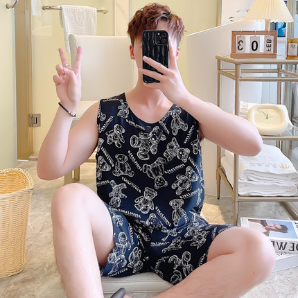 无袖睡衣男士夏季背心短裤套装薄款棉绸凉感人造棉青少年男家居服