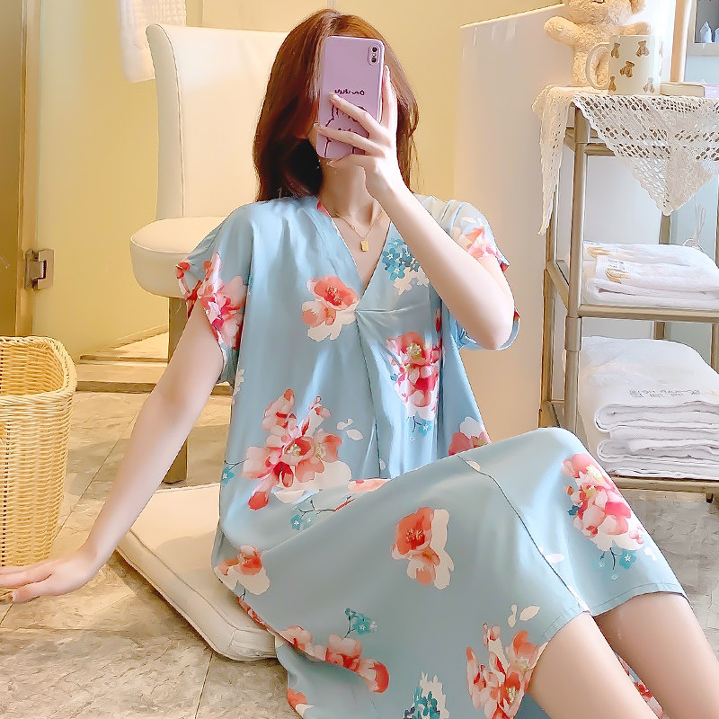韩版连衣裙女款夏天棉绸短袖睡裙可外穿人造棉薄款睡衣女士家居服