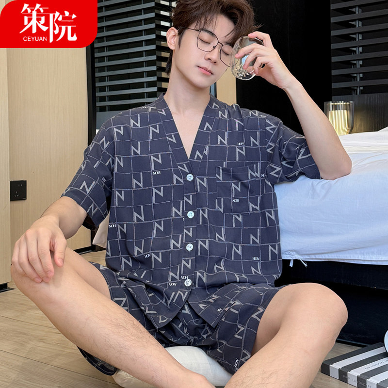 男士睡衣棉绸套装夏季薄款短袖开衫人造棉空调家居服v领大码绵绸