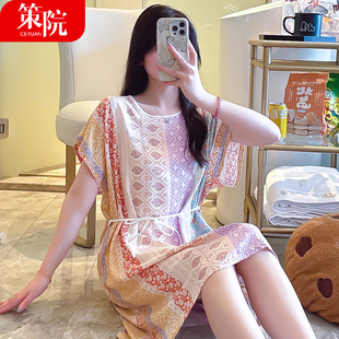 宽松人造棉布连衣裙睡衣绵绸家居服 夏季 女士薄款 短袖 棉绸睡裙韩版