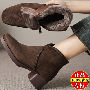 翻毛皮短靴女冬季加绒加厚方头中跟粗跟真皮高跟靴磨砂皮雪地靴女