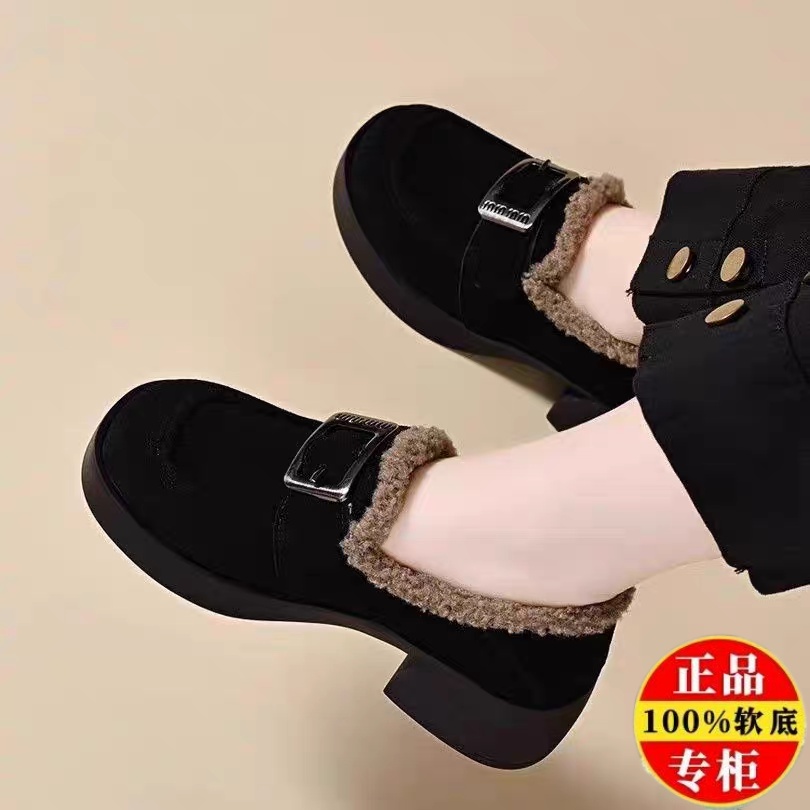 品牌厚底乐福鞋加绒秋冬季2025新款真皮保暖磨砂棉鞋粗跟软底单鞋