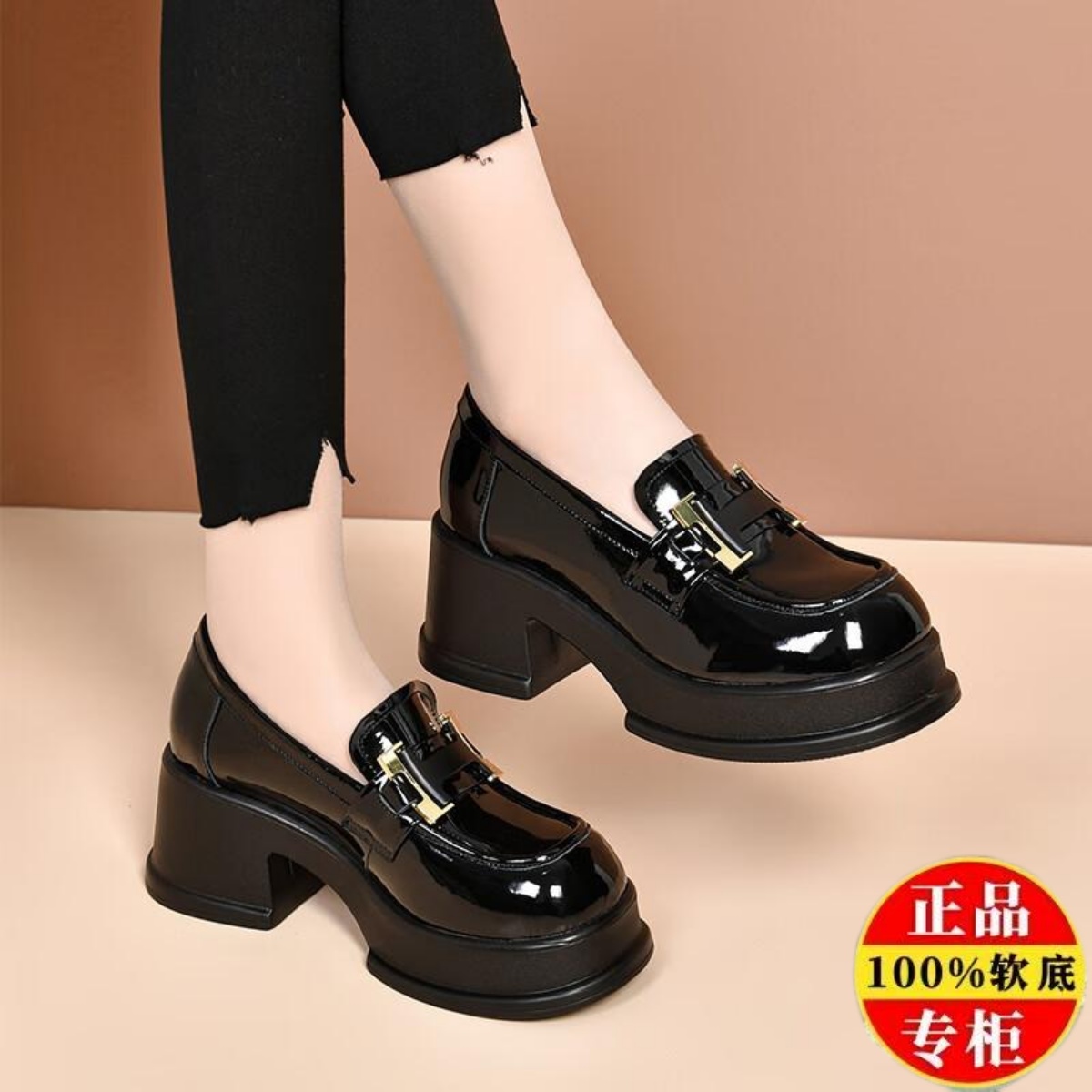 意尔慷真皮高跟厚底乐福鞋女2025春秋新款小个子增高一脚蹬小皮鞋