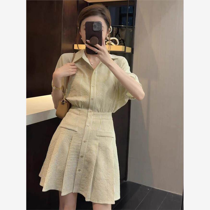 法式复古条纹显瘦衬衫连衣裙女夏季新款高级感收腰气质中长款裙子