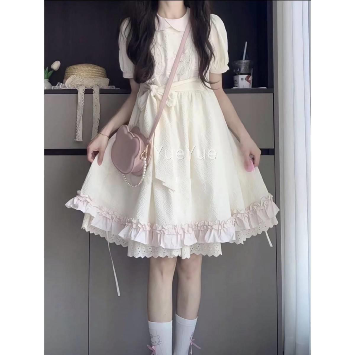 法式初恋温柔风连UQQ娃蝶娃领衣裙女夏季蓬新款蝴结绑带收腰公主