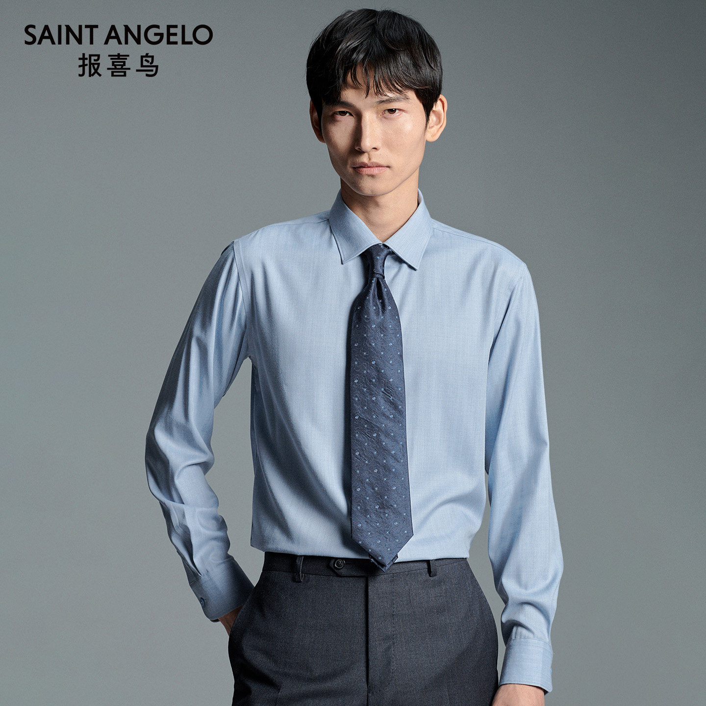 报喜鸟品牌秋季新款男士商务正装衬衫薄雾蓝时尚百搭长袖衬衣男