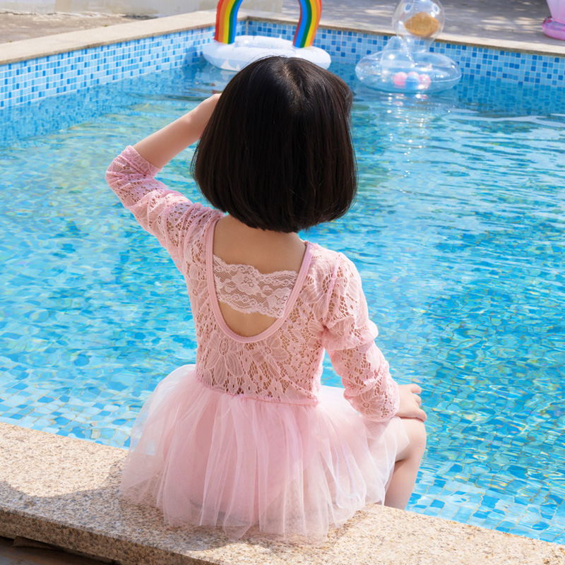 新款儿童泳衣女童宝宝中小童长袖防晒女孩连体小公主蕾丝裙式泳装
