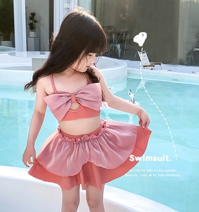 儿童泳衣女童亲子装 游泳衣中小童宝宝母女泳装 洋气蝴蝶结分体裙式