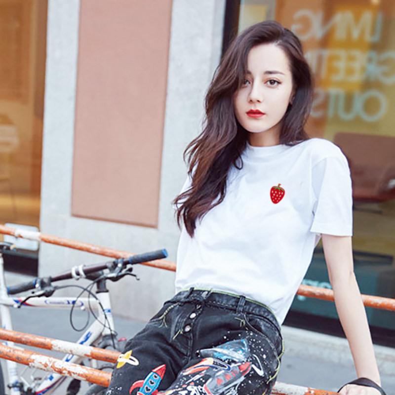潮牌刺绣T恤情侣装小樱桃小西瓜草莓水果女男圆领短袖夏宽松大码