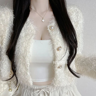 当天发 韩国代购正品 LO398千金小香风~气质珍珠扣短款毛毛外套