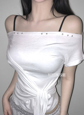 韩国代购正品 LW092独特漂亮~性感女人味一字领系带短袖T恤上衣mo