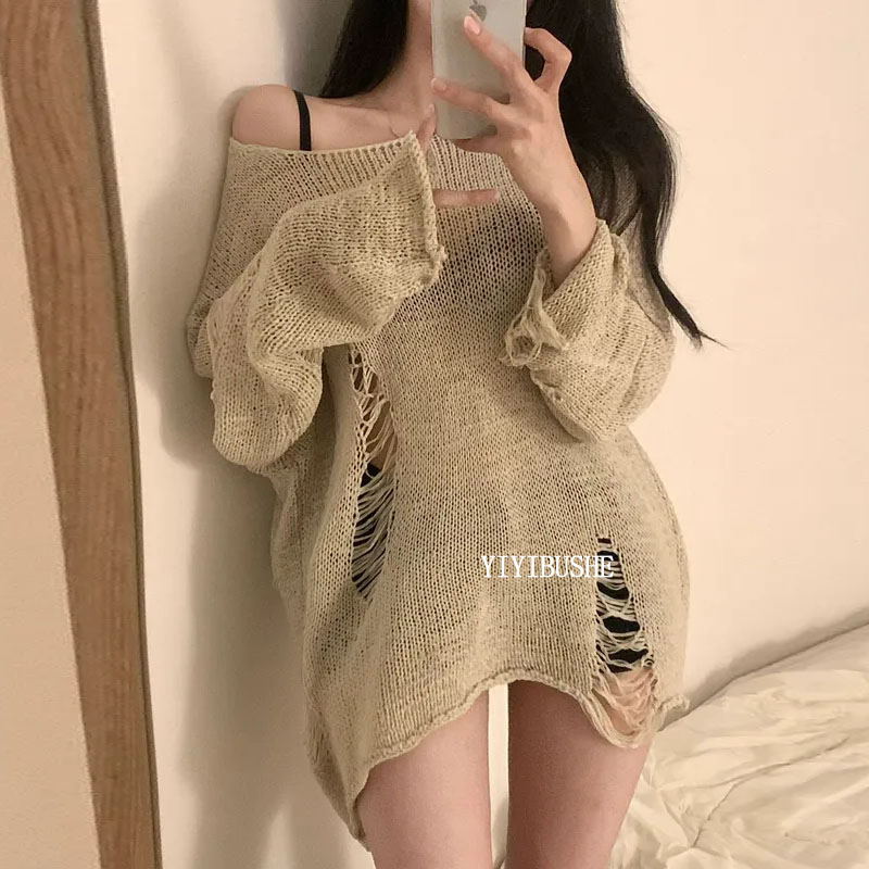 韩国代购正品 EC276自带松弛感~慵懒女人味破洞宽松针织衫上衣
