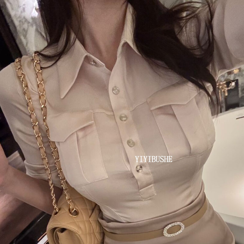 气质显身材翻领亮面短袖衬衫上衣