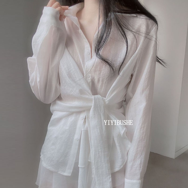 性感女人味微透系带修身衬衫上衣