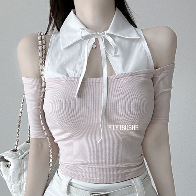 女人味翻领假两件无袖T恤上衣