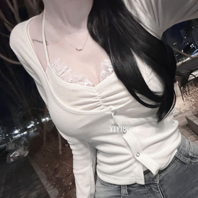 性感女人味蕾丝边假两件上衣