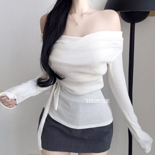 巨好看一字领露肩系带收腰针织衫 PR282甜美纯欲风 女 正品 韩国代购