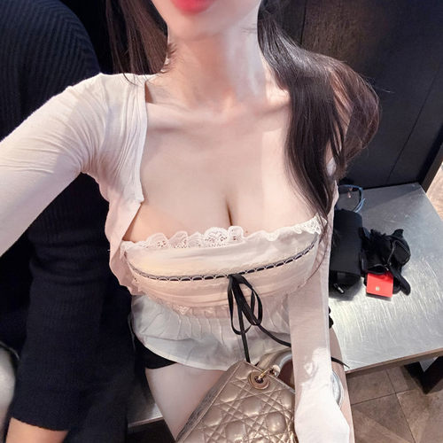 性感露肩蕾丝边系带抹胸上衣开衫