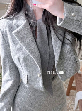 韩国代购正品 LS168时尚高级感~气质女人味翻领短款毛呢外套sr