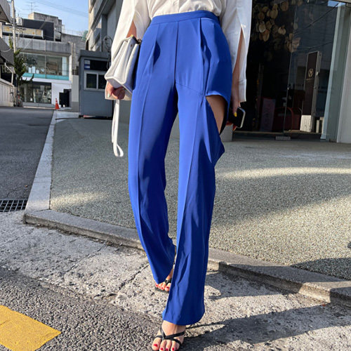当天发 韩国代购正品女装 XX216设计感侧露腿 宝石蓝阔腿休闲裤gn