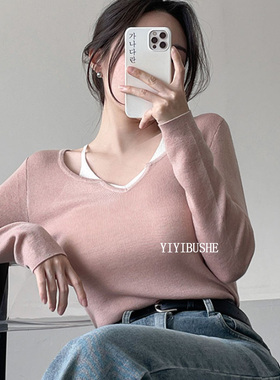 韩国代购正品PR233高级感女人味 性感吊带拼接羊毛针织衫假两件女