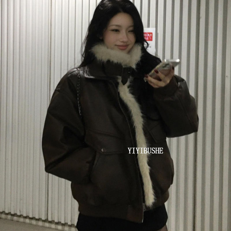 韩国代购正品 LR285美式复古风~巨好看的毛毛拼接夹棉皮外套fd