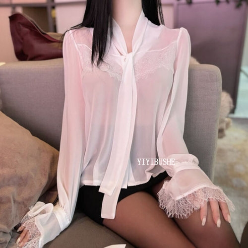 性感薄透睫毛蕾丝飘带衬衫