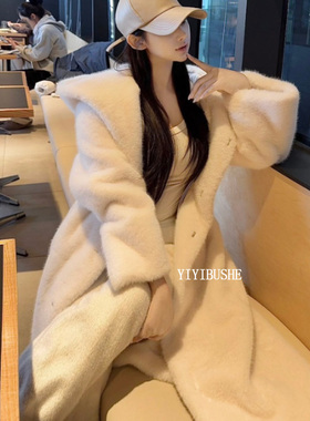 韩国代购正品PQ160富家千金入 温暖大兜帽水貂毛长款仿皮草外套女