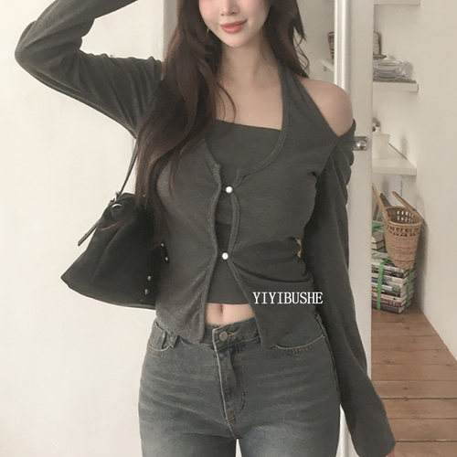 韩系挂脖拼接修身t恤假两件