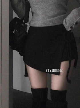 韩国代购正品PS168秋冬巨好看 超好看绑带开叉拼接A字摆短裙裤女