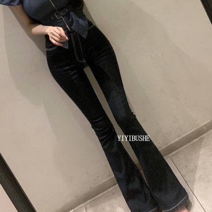 韩国代购正品PN205复古设计感 秋季绝美显瘦高腰紧身微喇牛仔裤女
