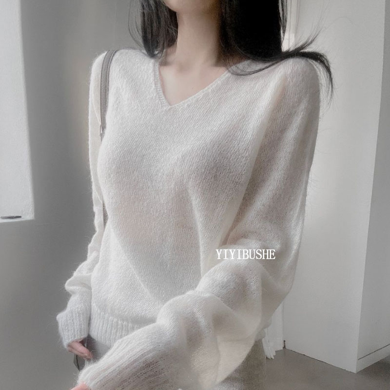 纯欲女人味V领白色针织衫上衣