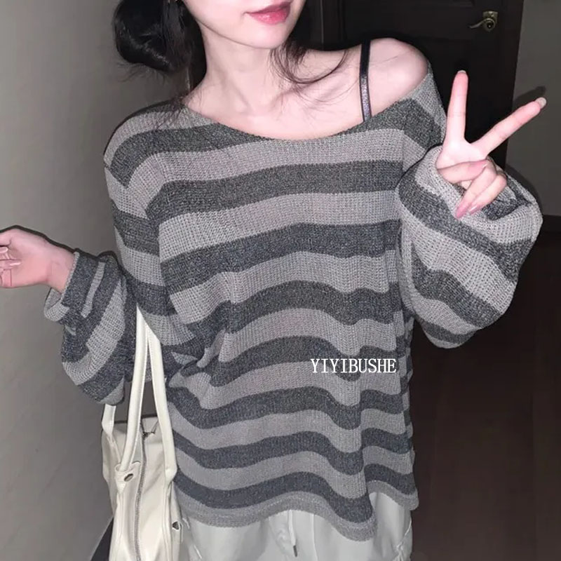 韩国代购正品 LP059慵懒松弛感~气质女人味条纹宽松针织衫上衣