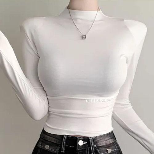 性感女人味半高领垫肩打底衫T恤