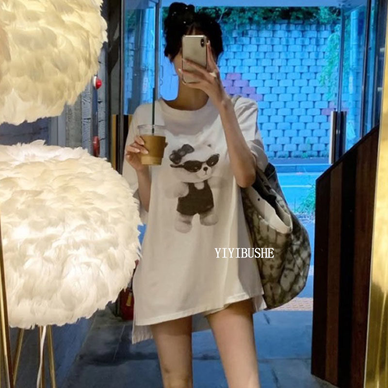 韩国代购正品 EA081韩系慵懒风~墨镜小熊印花下衣失踪宽松短袖T恤