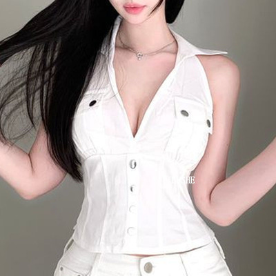 纯欲女人味翻领露背无袖上衣