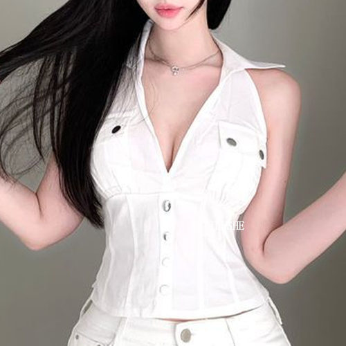 纯欲女人味翻领露背无袖上衣