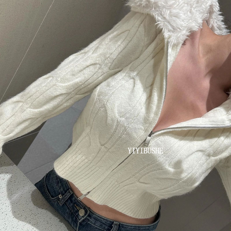 气质女人味翻领修身针织开衫上衣