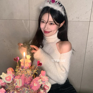 韩国代购正品PR296拍照超出片 巨好看高领无袖上衣露肩开衫套装女