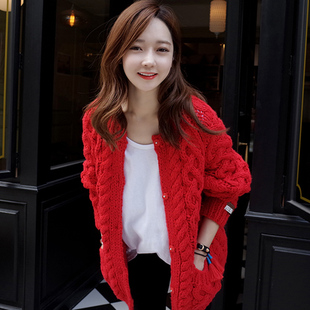 当天发  韩国正品女装 ZU292显白红色可爱粗麻花加厚手工毛衣外套