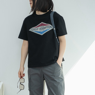 印花圆领大版 2025春夏宽松简约百搭黑色菱形复古潮美式 宽松T恤女