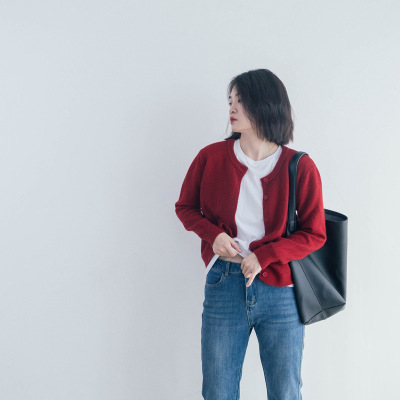 深红毛衣新年简约圆领宽松