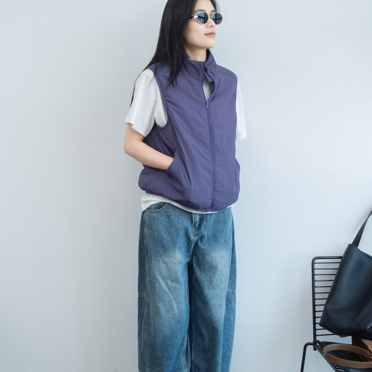 薄棉立领紫色马女坎肩背心女上衣