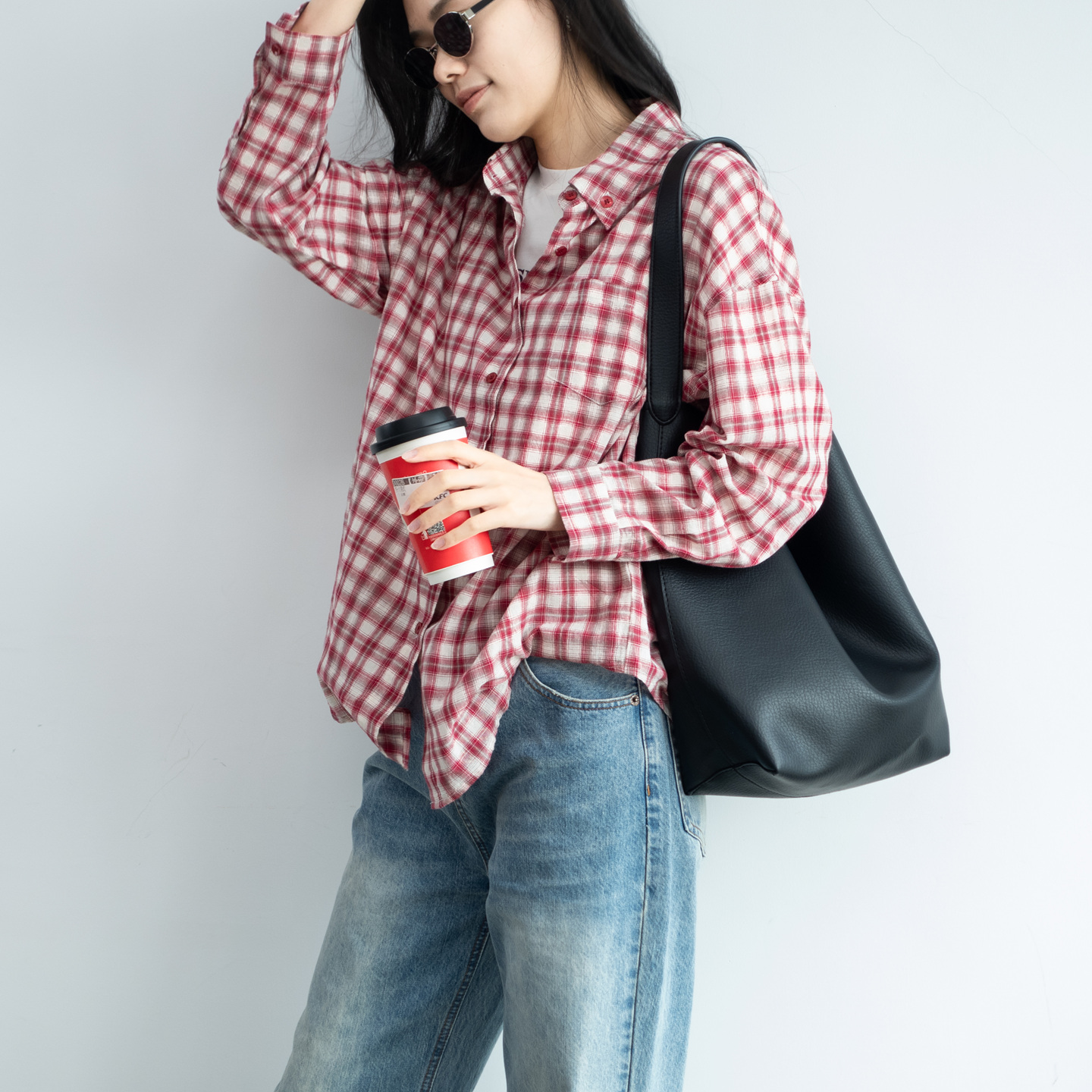 红色女翻领格子韩版衬衫女上衣潮