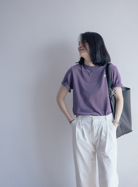 2025夏季小帽子刺绣简约百搭全棉紫色宽松圆领短袖百搭T恤女显瘦