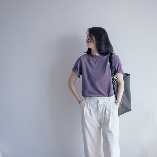 短袖经典常规简约纯棉女紫色宽松