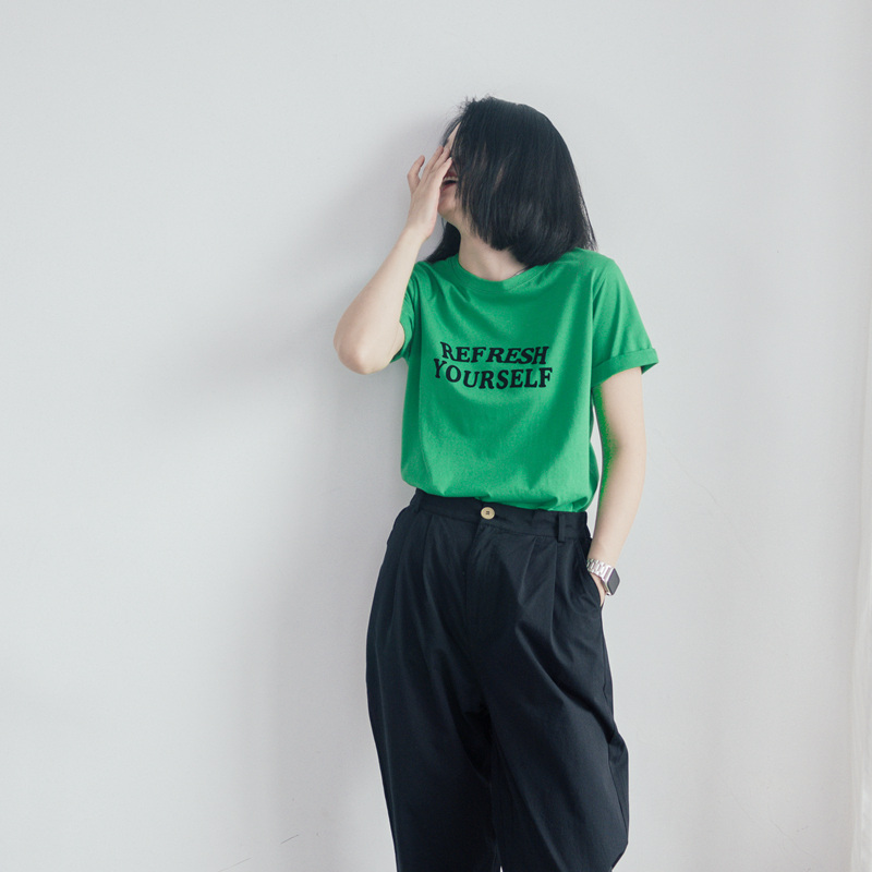 短袖经典薄款简约纯棉女绿色卷边