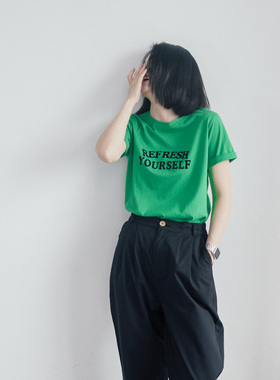 2025夏季简约绿色植绒字母袖口卷边显白韩版宽松短袖T恤女纯棉潮