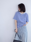 2025春夏新品 海军蓝条纹半袖 正肩简约百搭纯棉宽松中性T恤女INS风